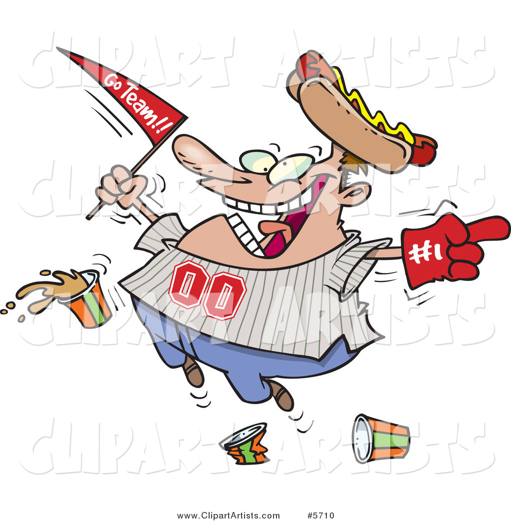 Male Baseball Fan with a Hot Dog Hat, Flag, Hand and Drinks
