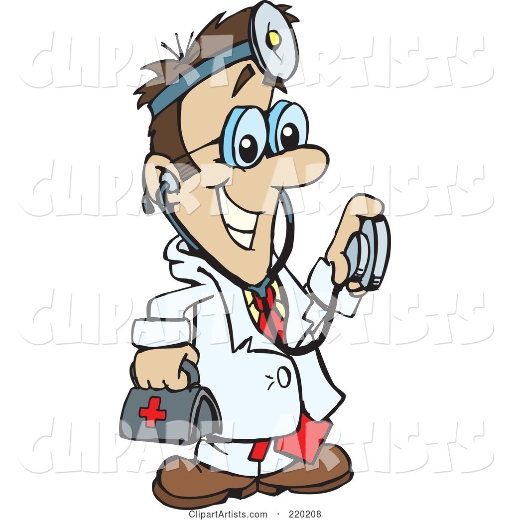 Male Caucasian Doctor Carrying a First Aid Kit, Wearing a Headlamp and Holding a Stethoscope