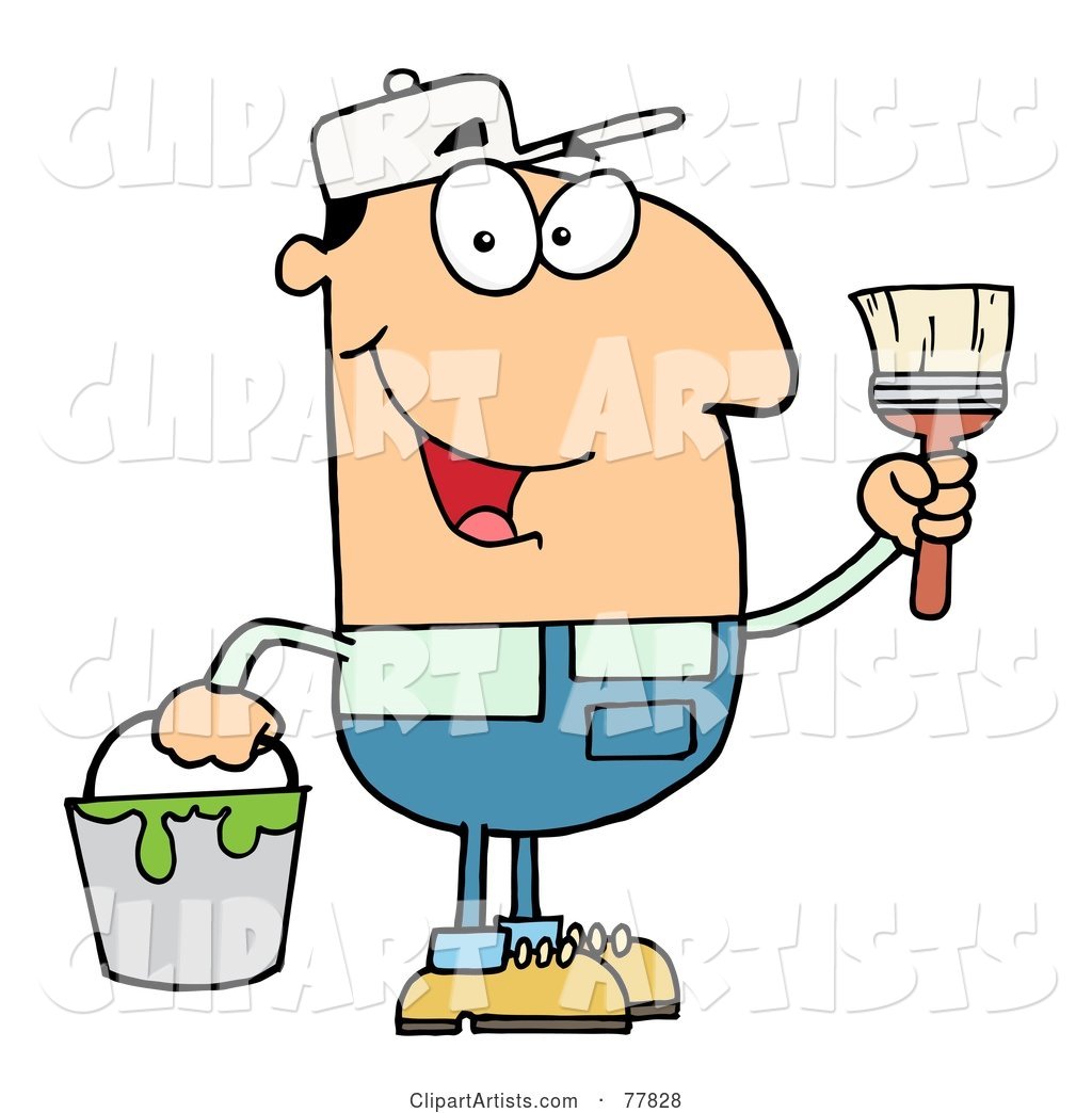 Male Caucasian House Painter Holding a Pail and Paintbrush