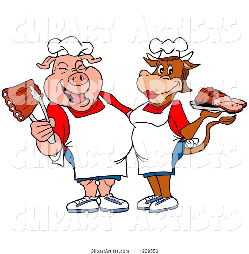 Male Chef Pig Holding Ribs and Female Chef Cow Holding Brisket