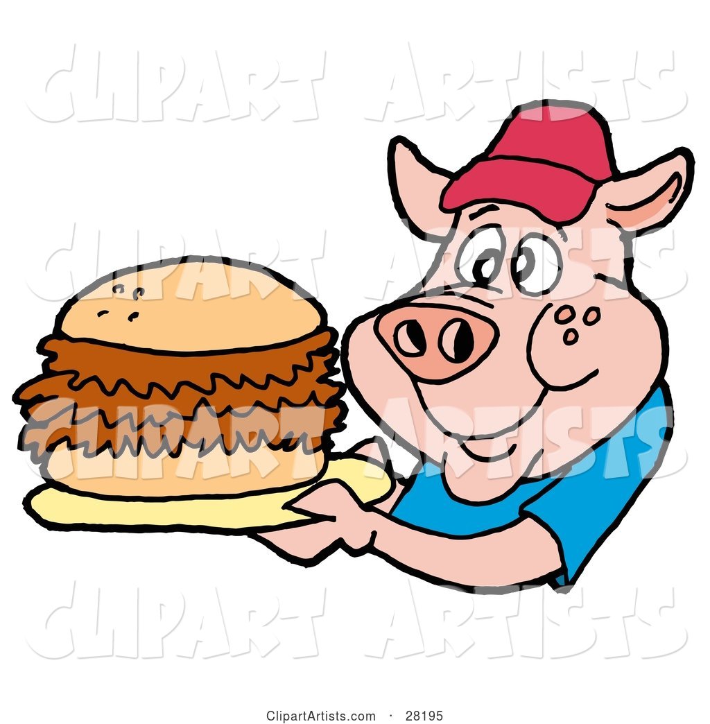 Male Pig in a Red Hat and Blue Shirt, Holding a Giant Pulled Pork Sandwich