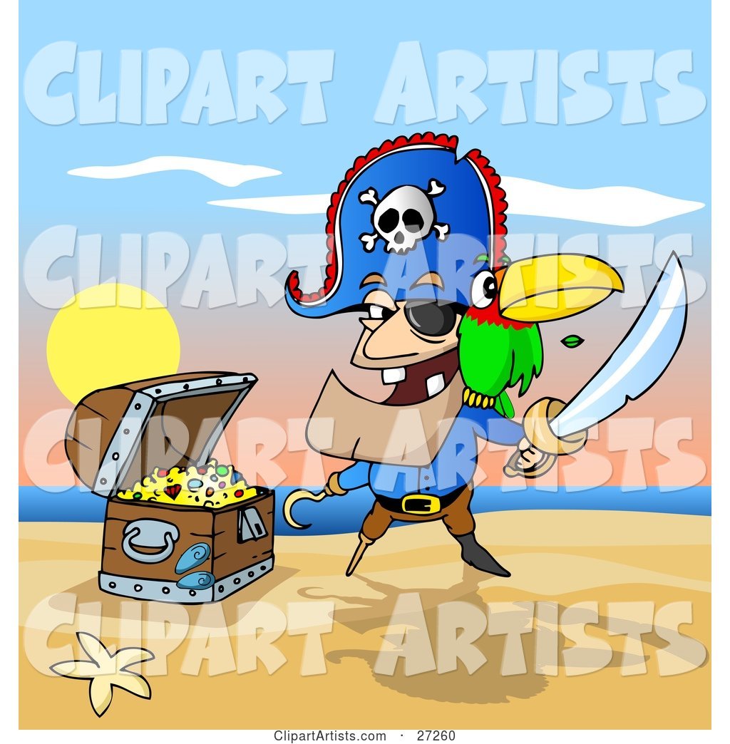 Male Pirate with Two Teeth, a Hook Hand and Peg Leg, Holding a Sword and Defending His Treasure Chest on a Beach, a Parrot on His Shoulder