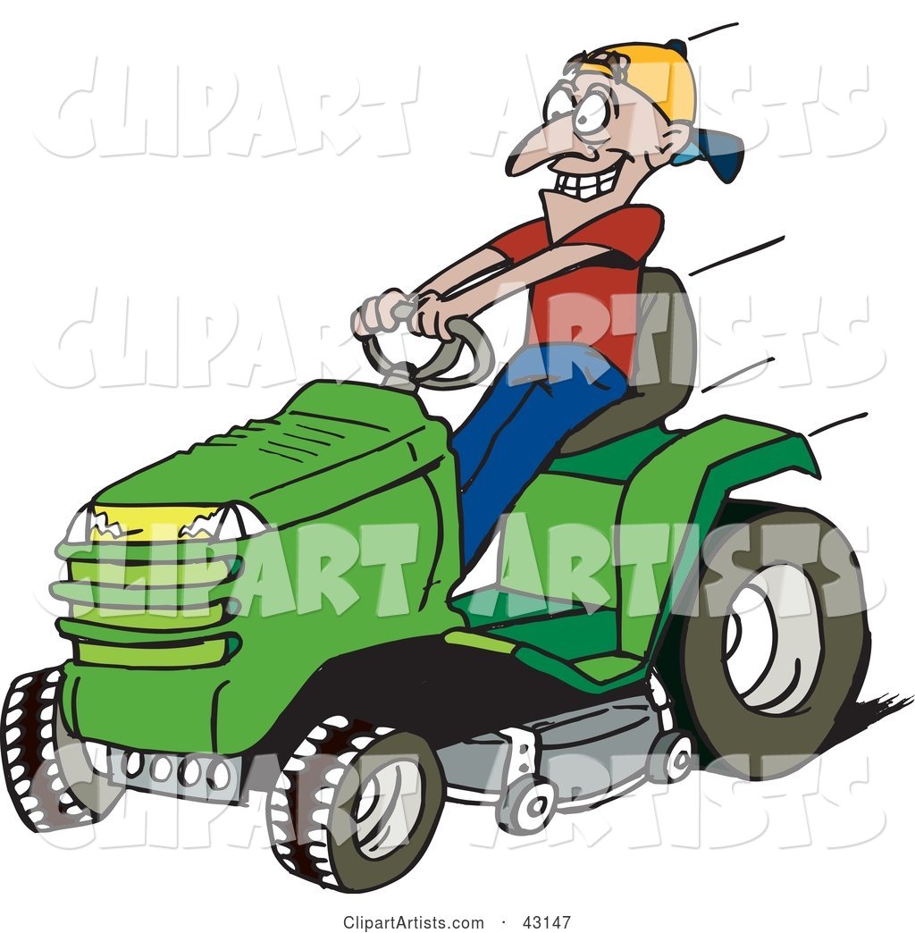 Man Driving a Fast Green Riding Lawn Mower