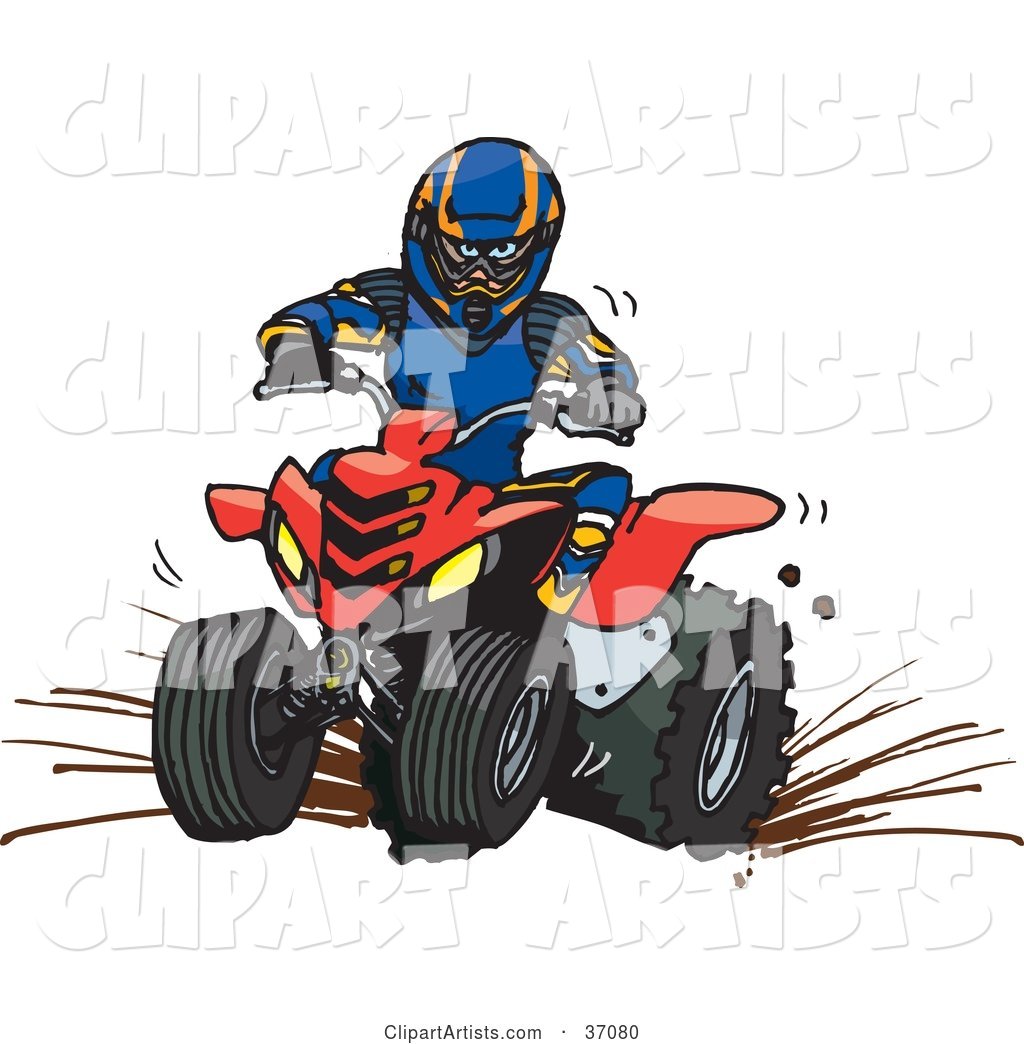 Man in Safety Gear, Riding a Red Quad Through Mud