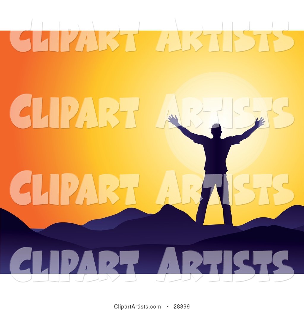 Man Silhouetted in Blue, Facing the Sun and Holding His Arm Out, Symbolizing Freedom and Worship