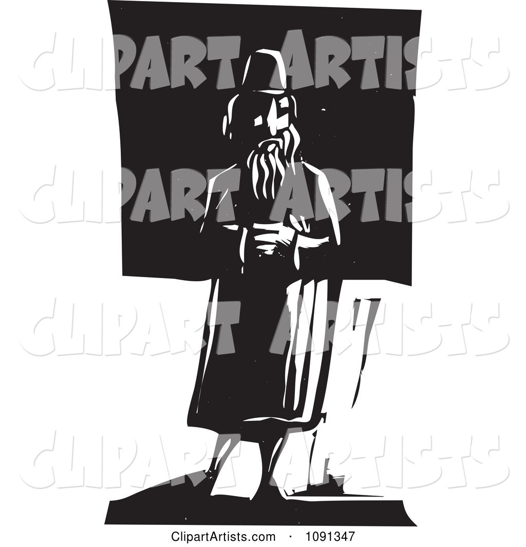 Man Standing Alone Black and White Woodcut