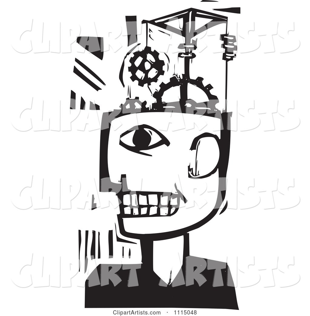 Man with a Gear Pulley Brain Black and White Woodcut