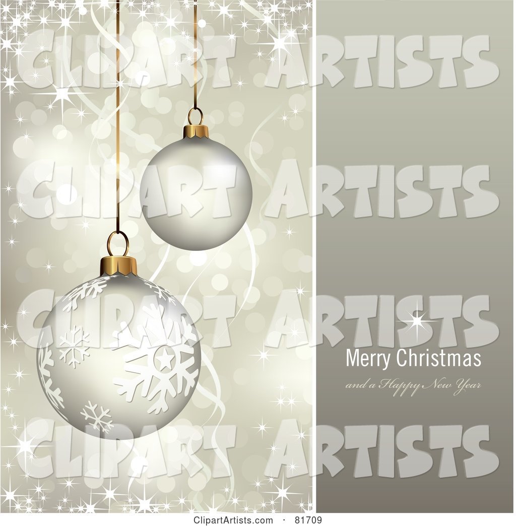 Merry Christmas and a Happy New Year Greeting with Sparkling Gold Christmas Ornaments