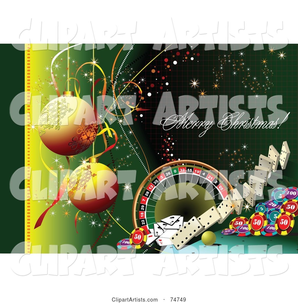 Merry Christmas Casino Greeting with Baubles and Casino Items on Green