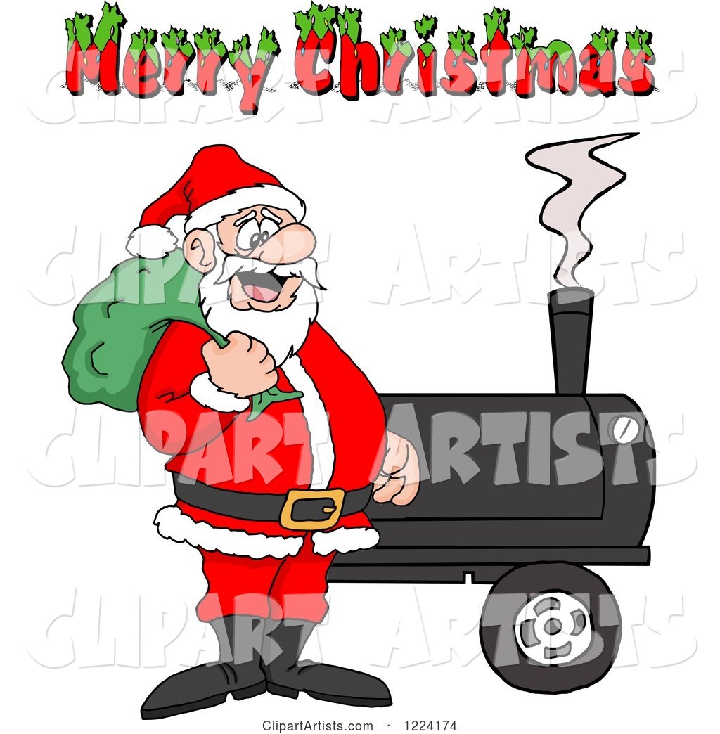 Merry Christmas Greeting over Santa by a Bbq Smoker