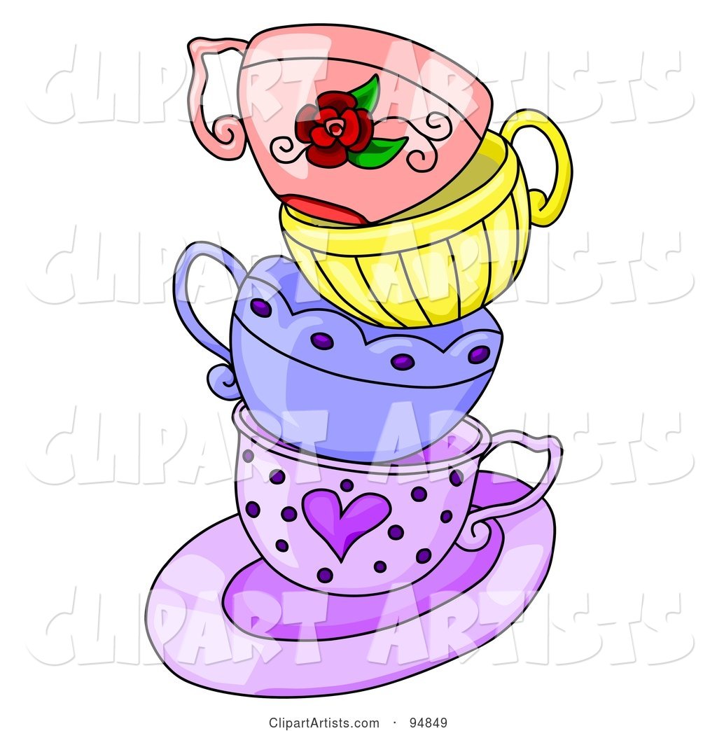 Messy Stack of Colorful Tea Cups on a Purple Saucer