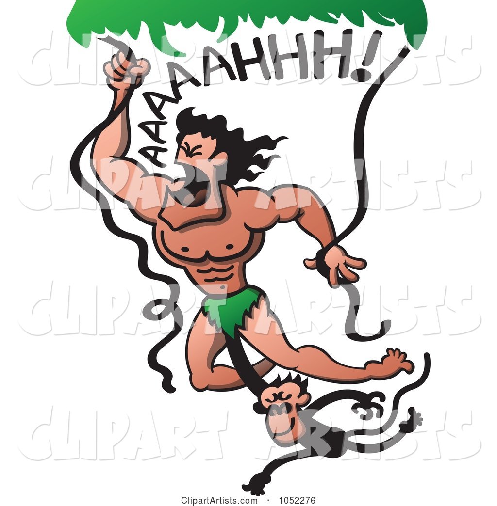 Monkey Hanging onto Tarzan Swinging from Vines