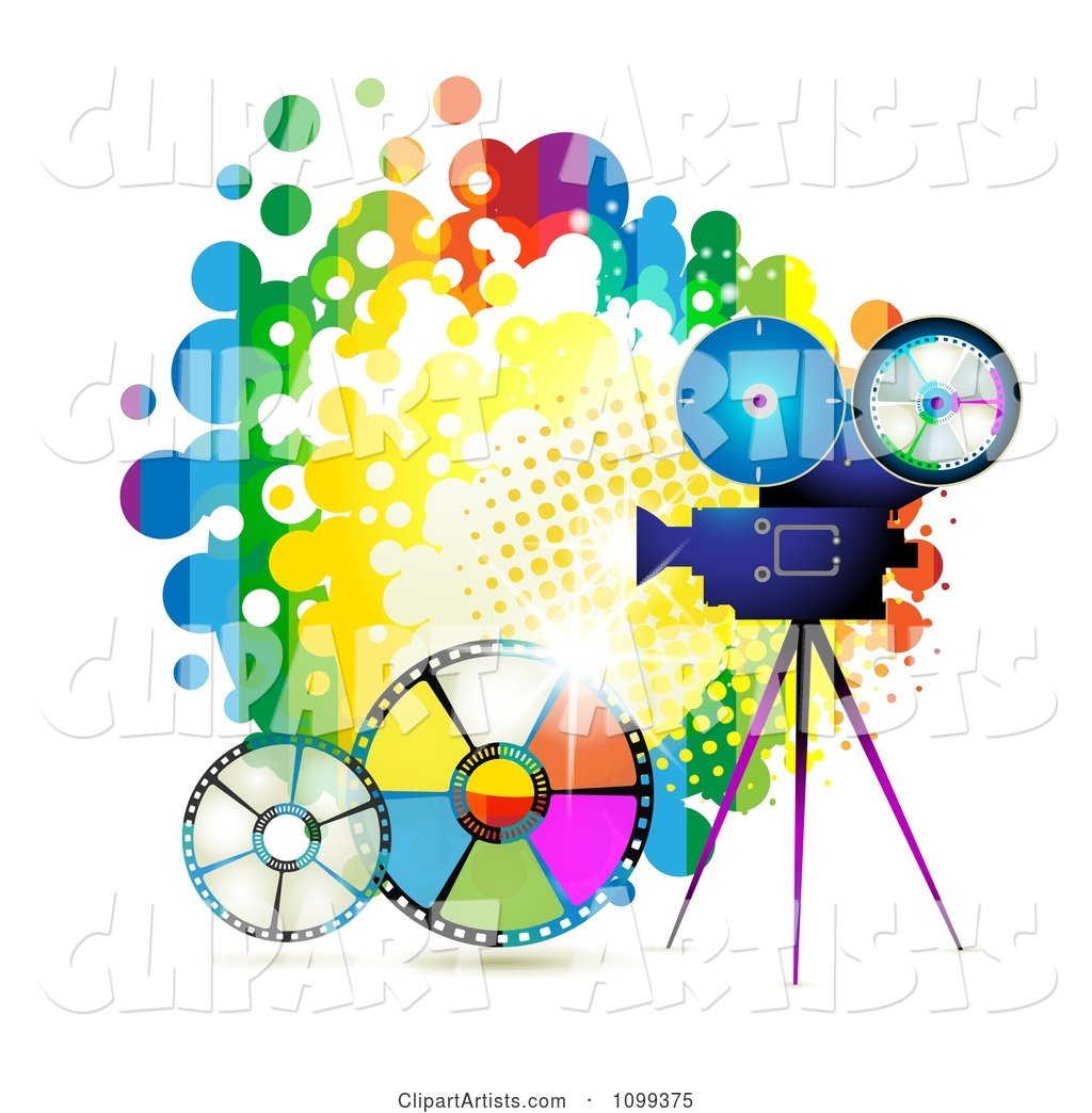 Movie Camera Filming over a Rainbow Splatter and Film Reels