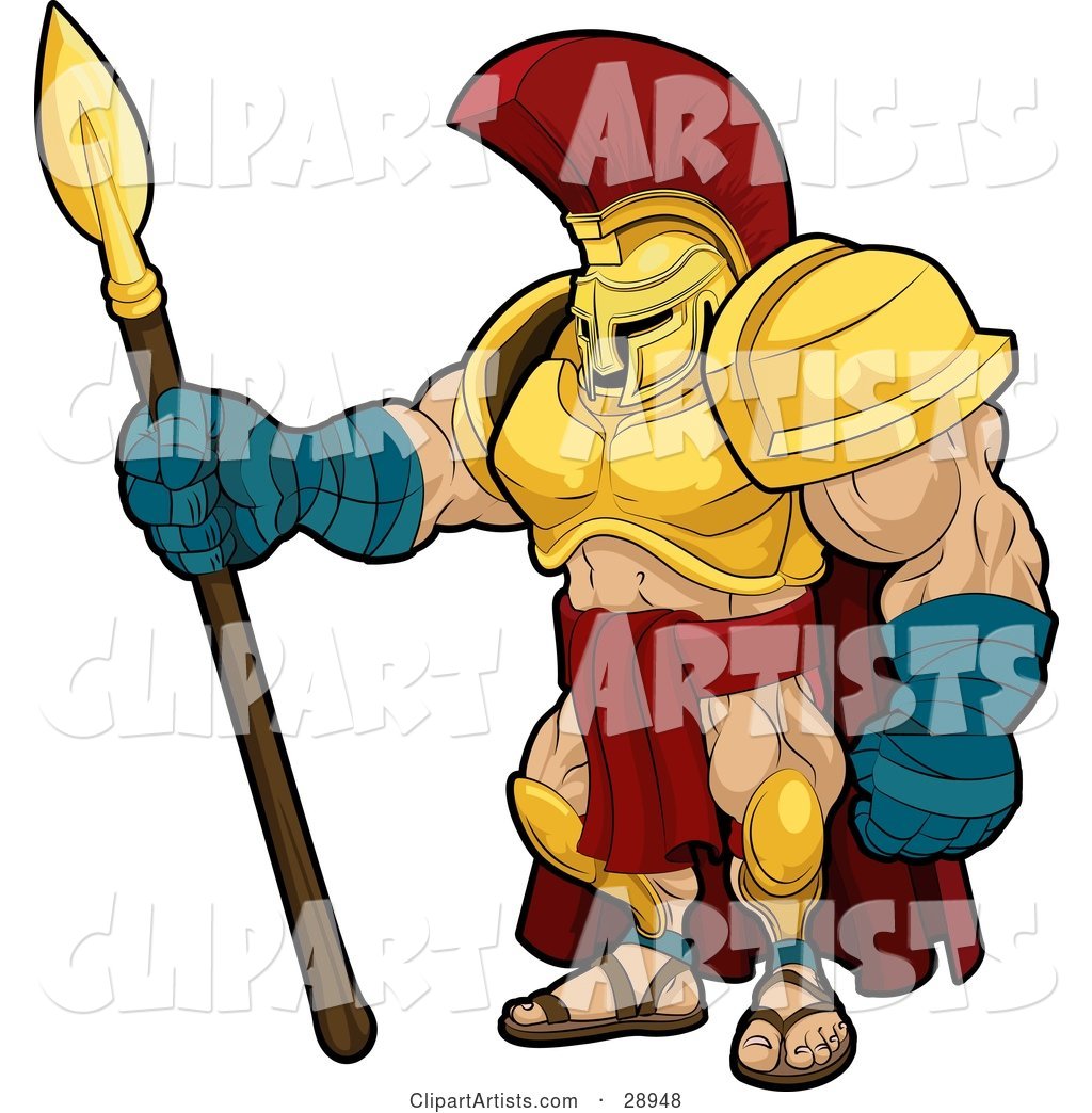 Muscular Spartan or Trojan Gladiator Warrior in Golden Armor, Standing with a Spear