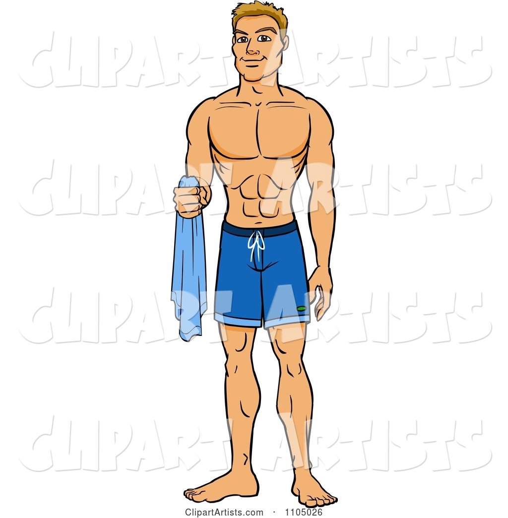 Muscular White Man in Swim Trunks Holding a Towel