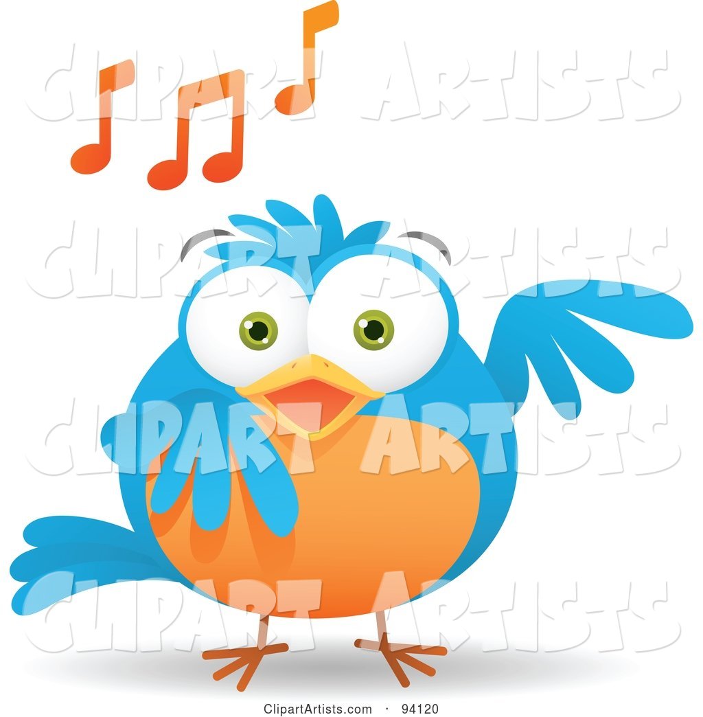 Musical Blue and Orange Bird Singing, with Music Notes