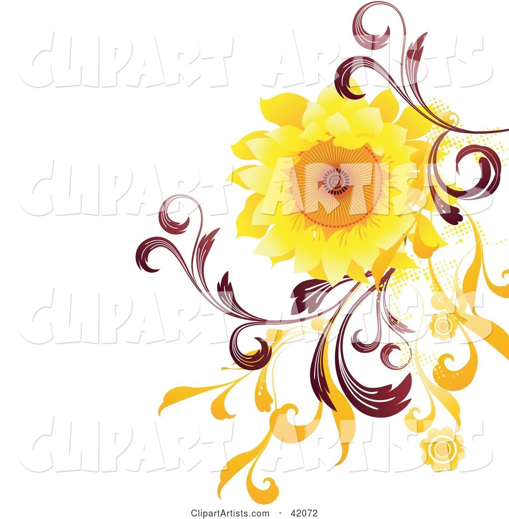 Nature Background of a Bright Sunflower with Red and Orange Vines