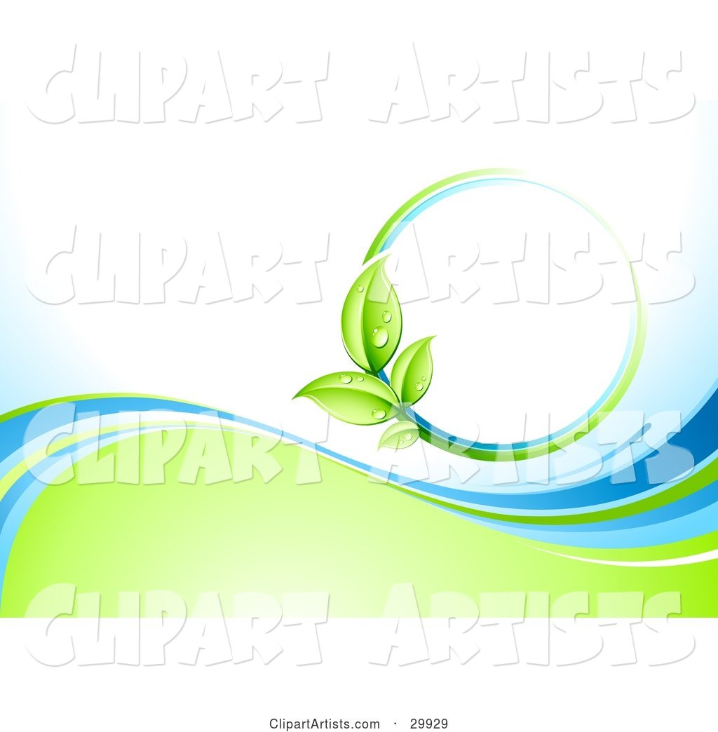 Nature Background of a Green Vine Circle over White, Above Waves of Blue and Green