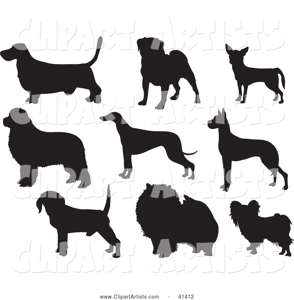 Nine Black Silhouetted Dog Profiles