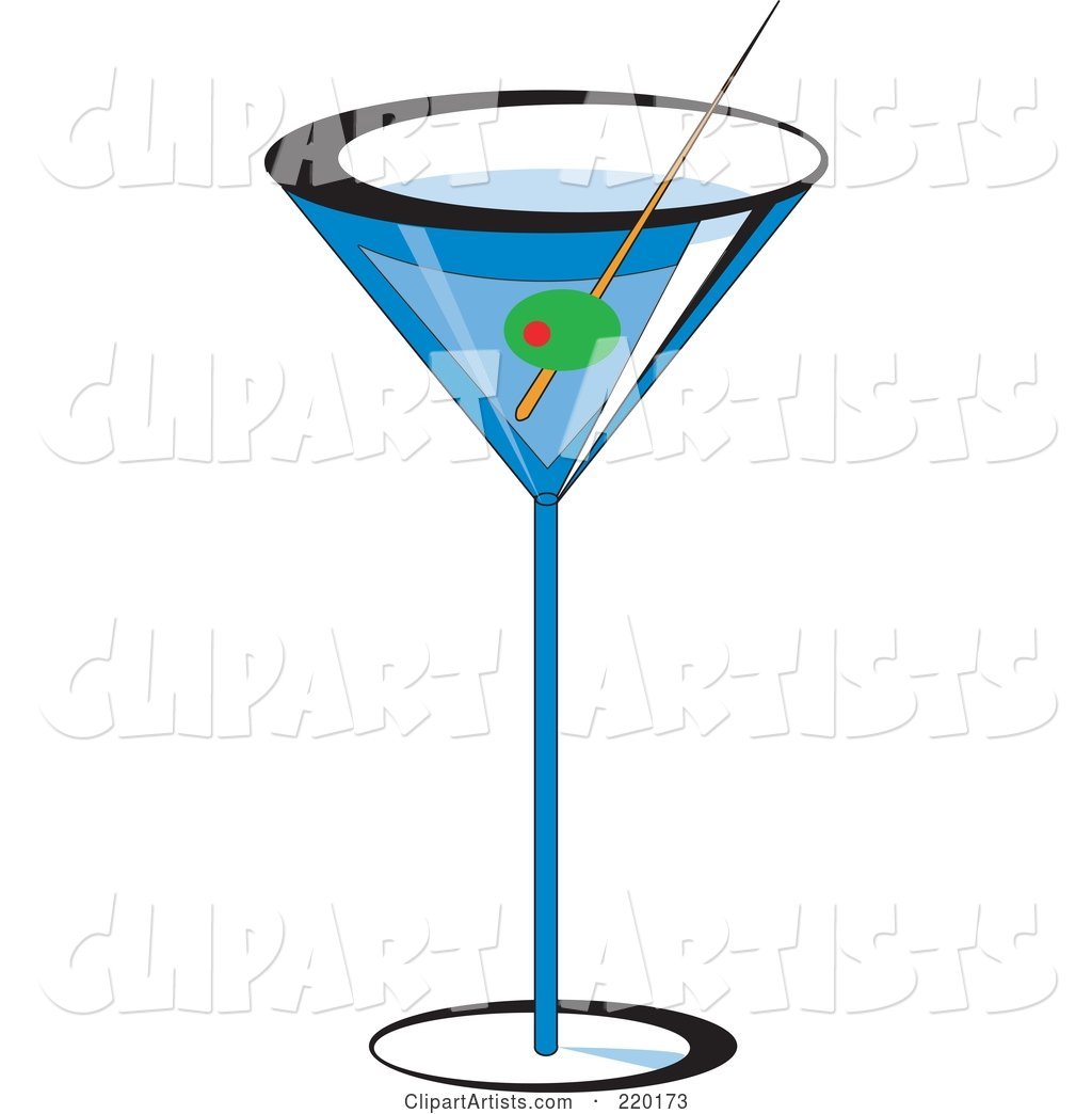 Olive Garnish in a Blue Martini Alcoholic Beverage