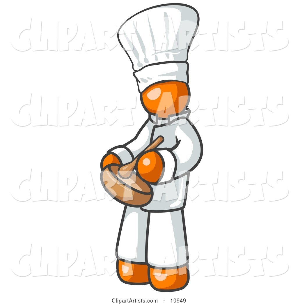 Orange Baker Chef Cook in Uniform and Chef's Hat, Stirring Ingredients in a Bowl