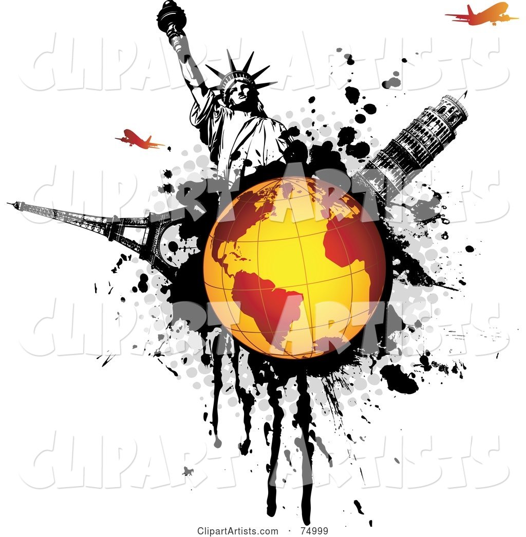 Orange Globe on a Black Splatter with the Statue of Liberty, Tower of Pisa, Eiffel Tower and Planes
