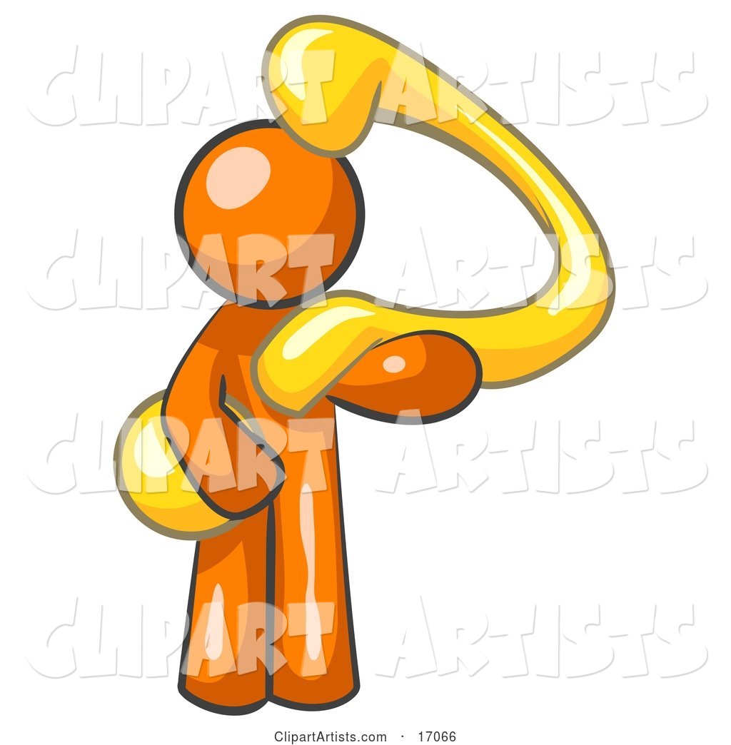 Orange Man Carrying a Large Yellow Question Mark over His Shoulder, Symbolizing Curiousity, Uncertainty or Confusion