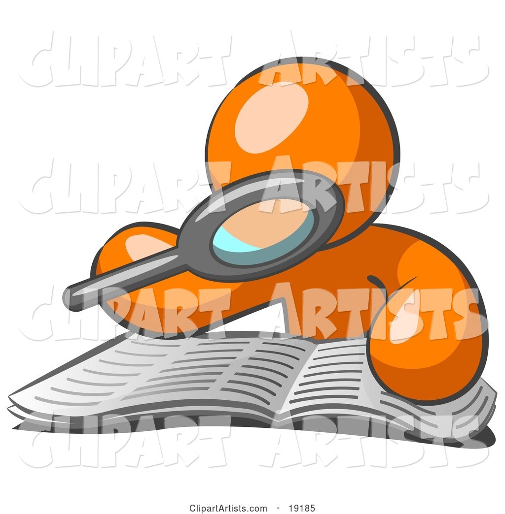 Orange Man Character Using a Magnifying Glass to Examine the Facts in the Daily Newspaper