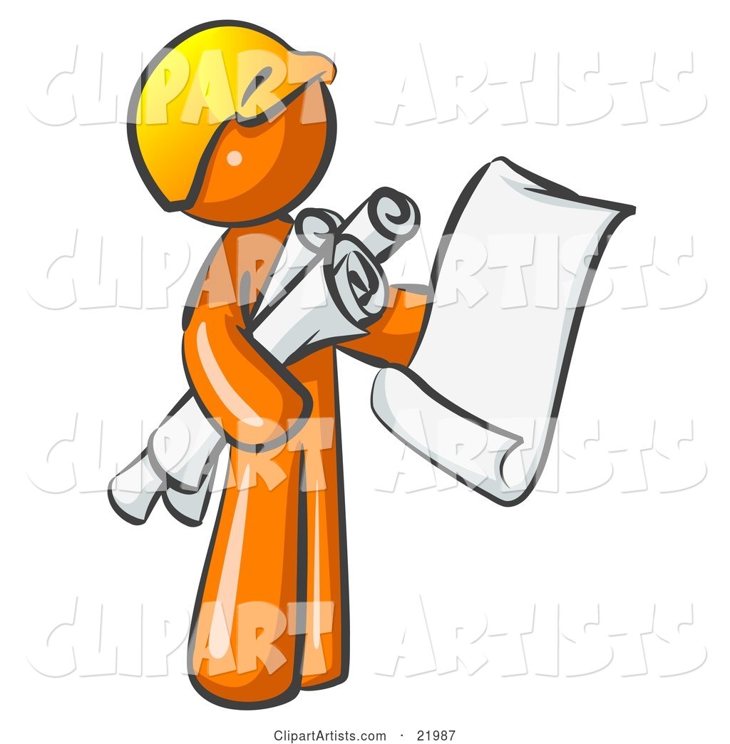 Orange Man Contractor or Architect Holding Rolled Blueprints and Designs and Wearing a Hardhat