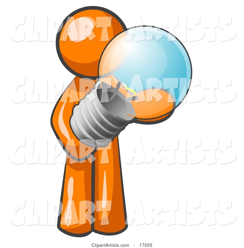 Orange Man Holding a Glass Electric Lightbulb, Symbolizing Utilities or Ideas