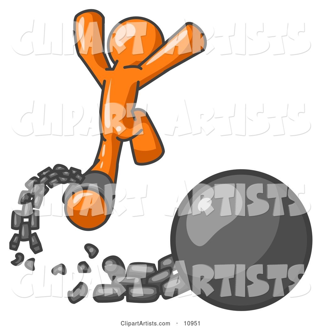 Orange Man Jumping for Joy While Breaking Away from a Ball and Chain, Getting a Divorce, Consolidating or Paying off Debt