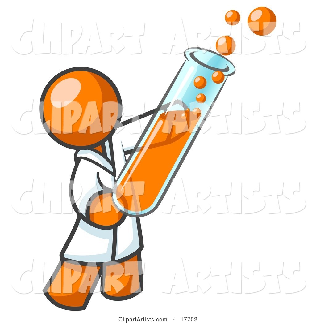 Orange Man Scientist Holding a Test Tube Full of Bubbly Orange Liquid in a Laboratory