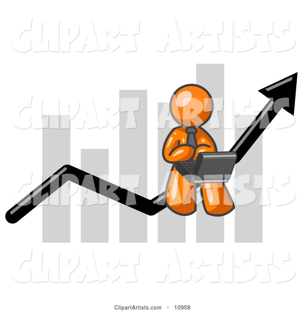 Orange Man Using a Laptop Computer, Riding the Increasing Arrow Line on a Business Chart Graph