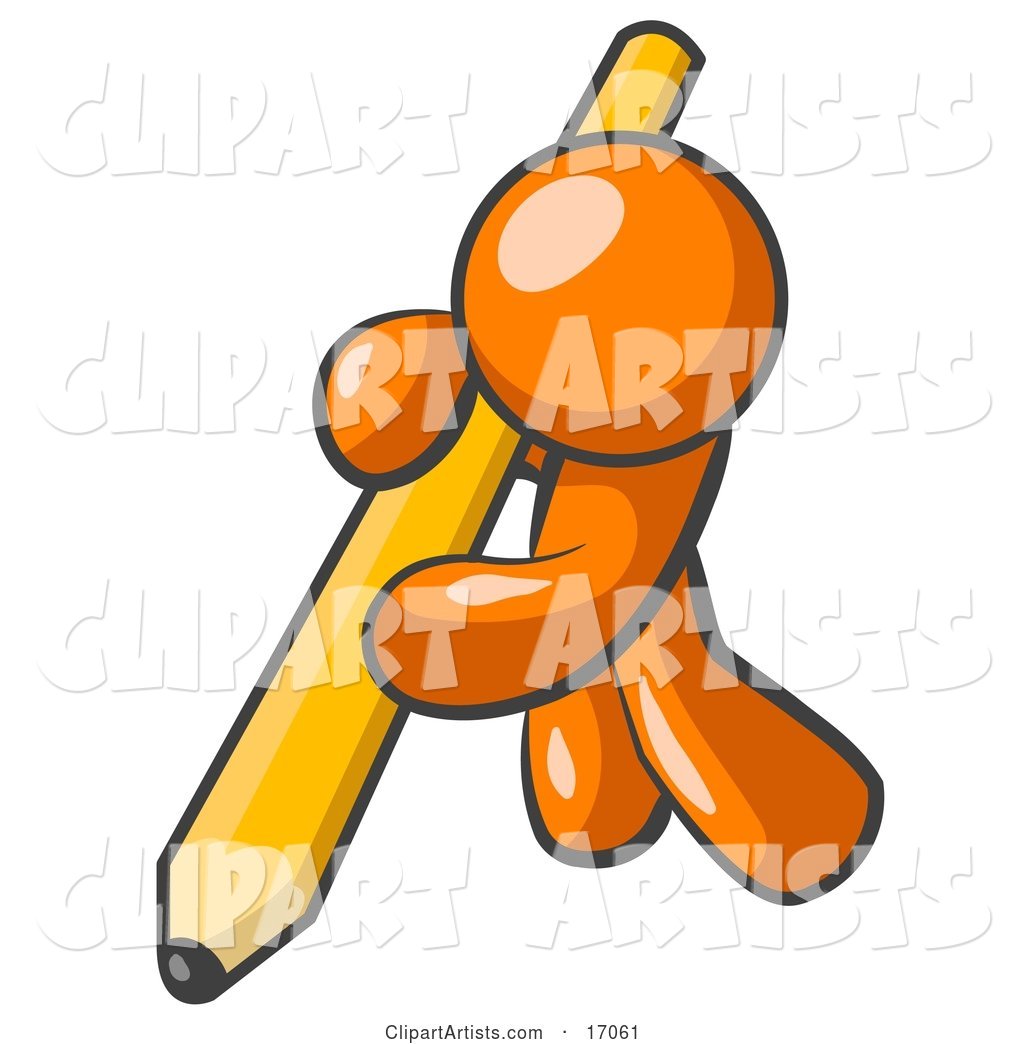 Orange Man Using All of His Strength to Hold up and Write with a Giant Yellow Number Two Pencil