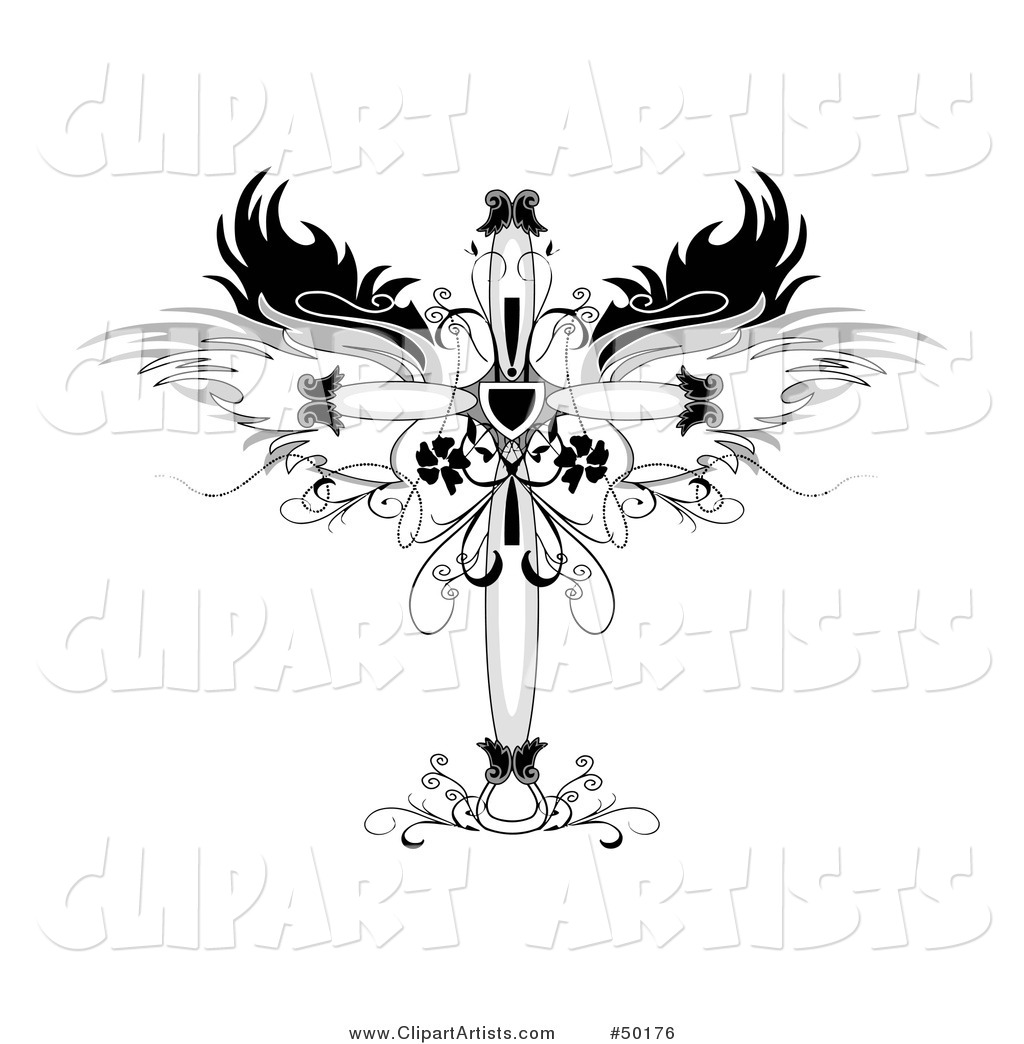 Ornamental Cross with Wings and Floral Designs