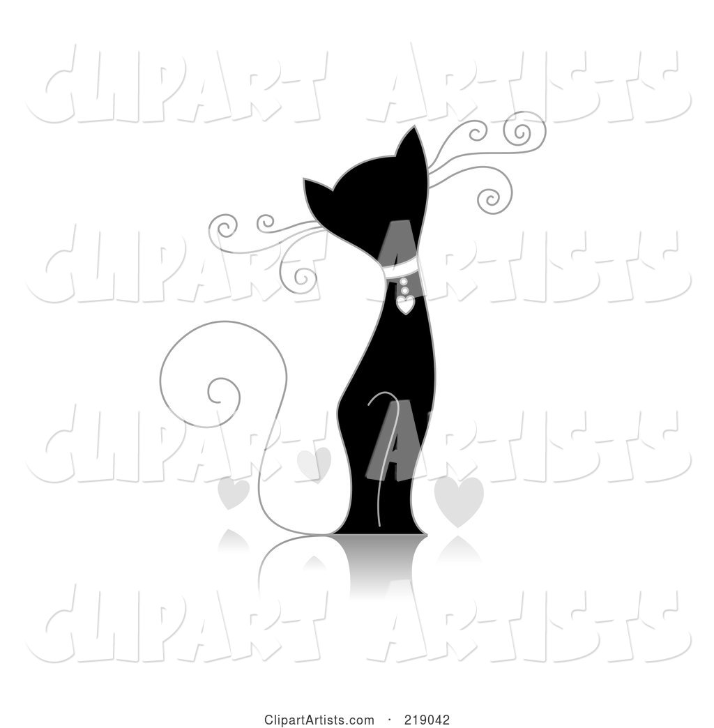 Ornate Black and White Cat Design with Hearts