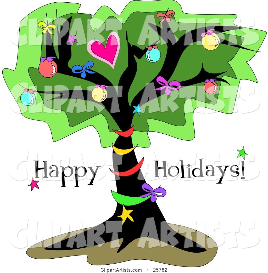 Outdoor Tree Decorated in Christmas Ornaments and Bows on a Happy Holidays Greeting