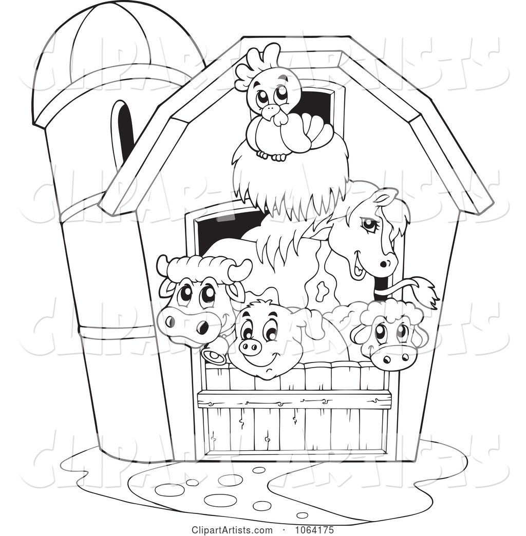 Outlined Barnyard Animals in a Barn