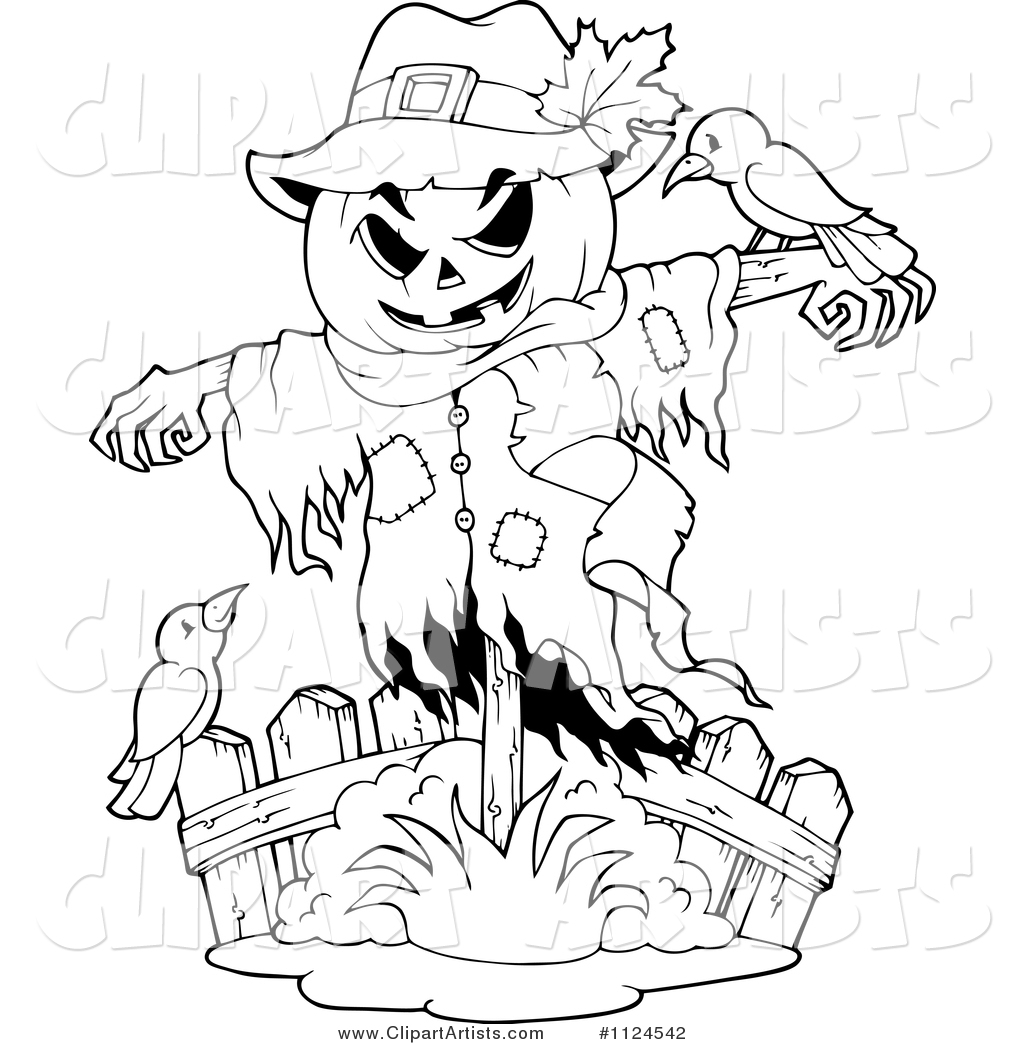 Outlined Halloween Scarecrow with Birds