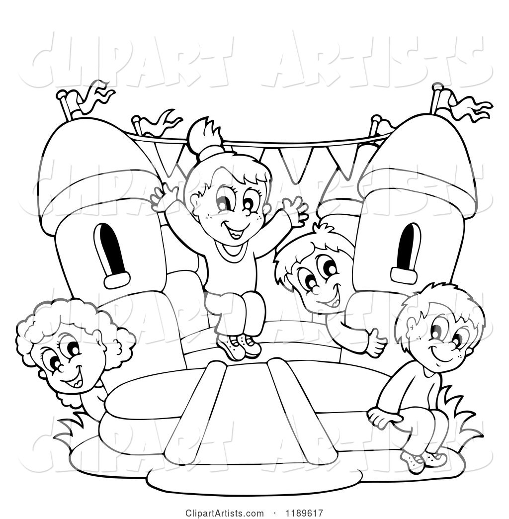 Outlined Happy Children Playing on a Bouncy House Castle
