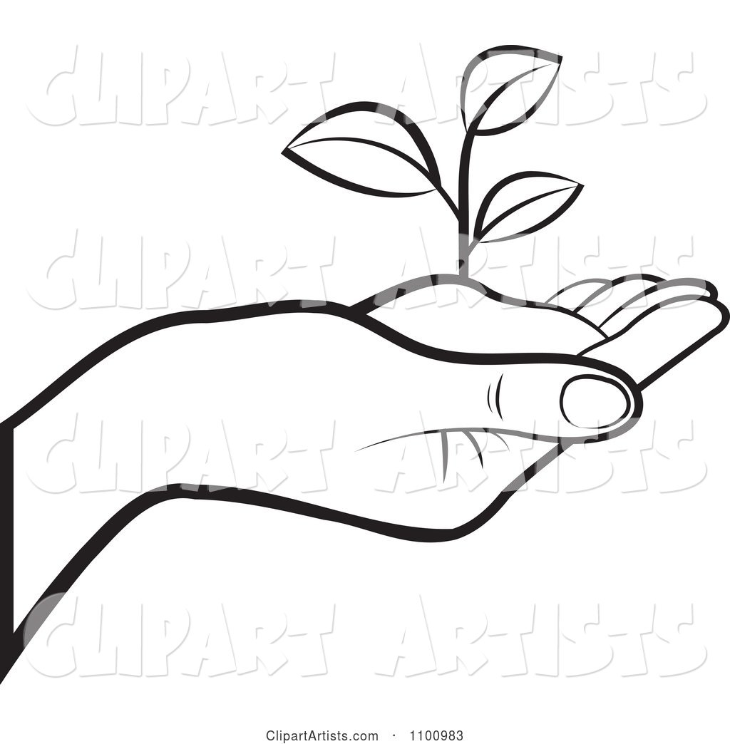 Outlined Human Hand Holding a Plant in Soil