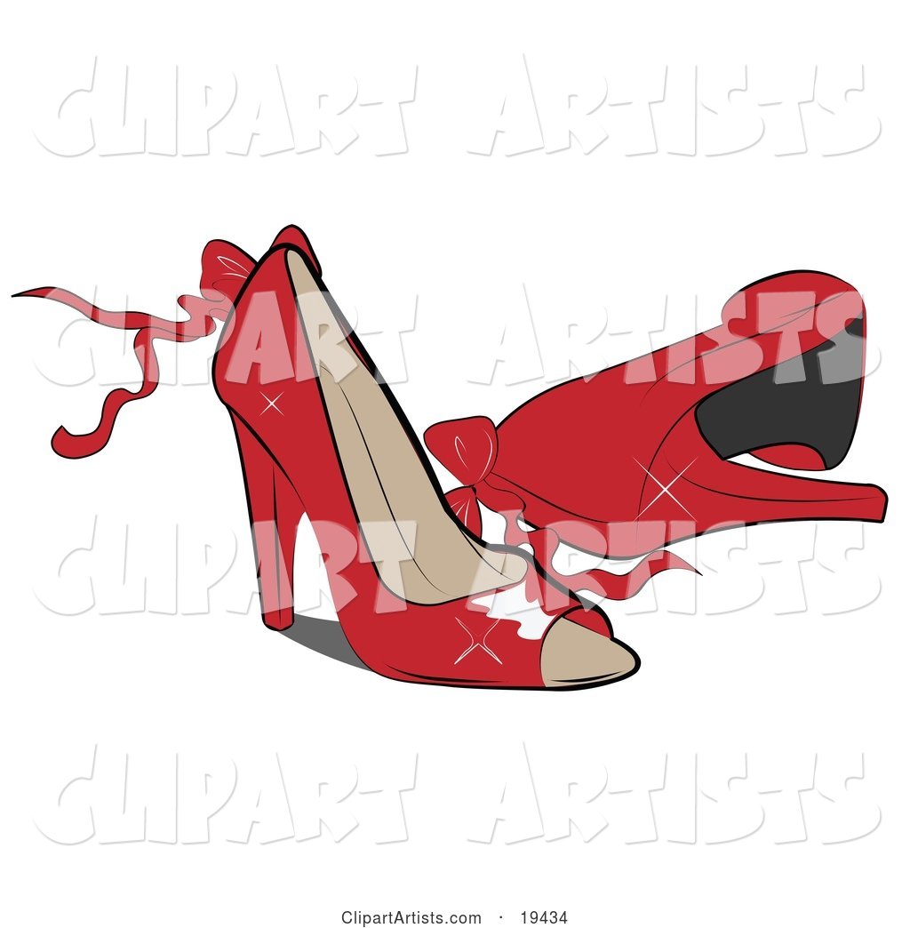 Pair of Feminine, Shiny, Red, Open Toe, High Heeled Shoes with Bows and Ribbons