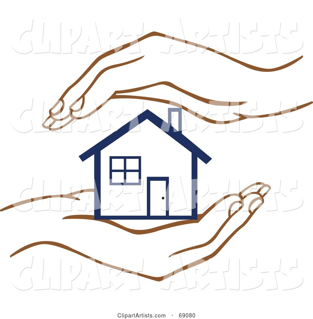 Pair of Human Hands Protecting a Blue Home