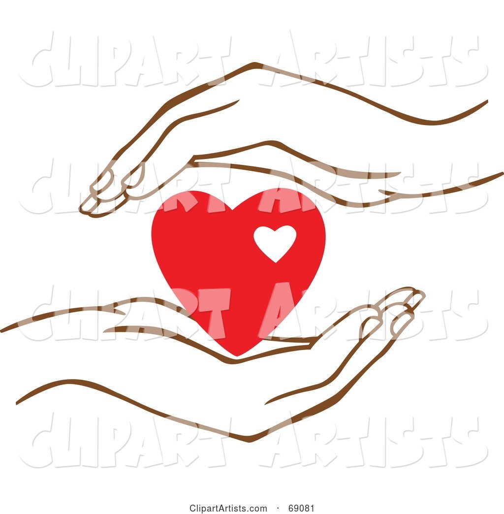 Pair of Human Hands Protecting a Red Heart