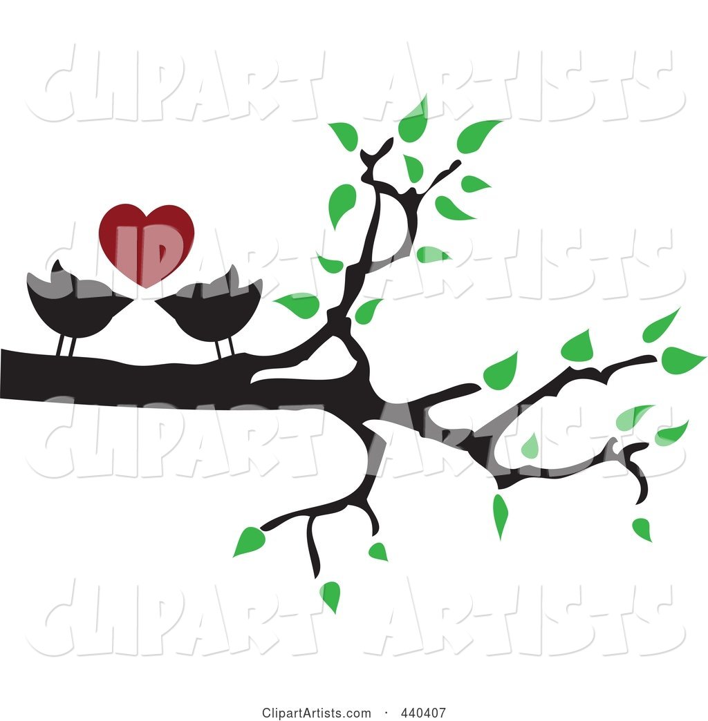 Pair of Love Birds Under a Red Heart in a Tree