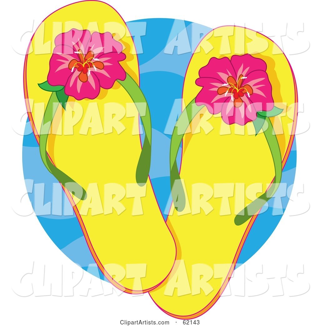 Pair of Yellow Flip Flops with Tropical Hibiscus Flowers over a Blue Circle