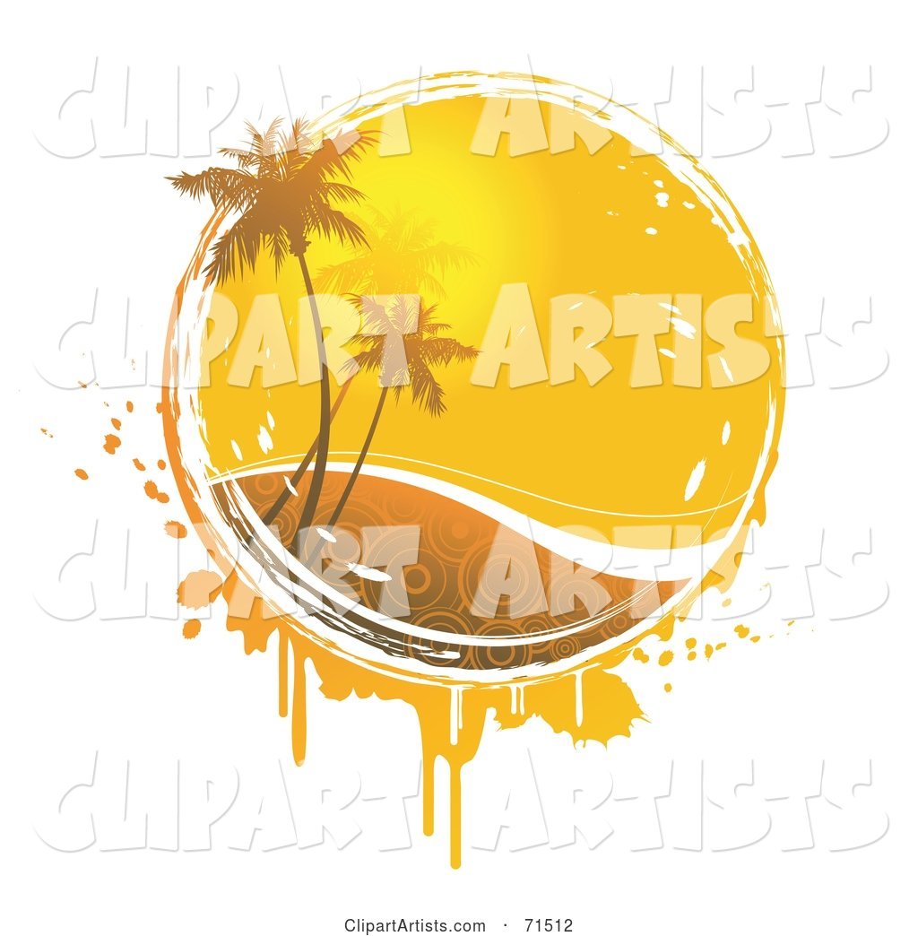 Palm Trees in Front of the Summer Sun with Circle Patterned Water and Grunge over White