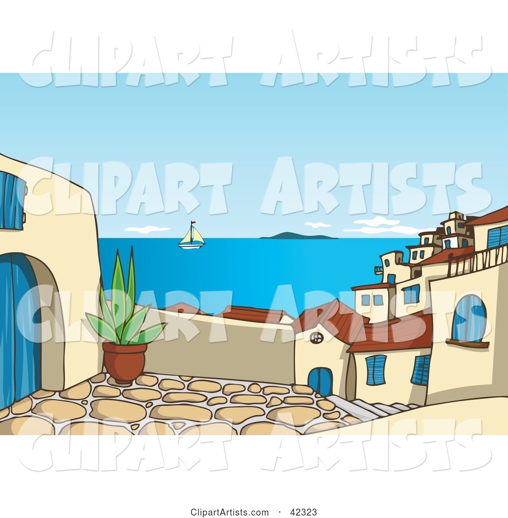 Patio View with a View of a Sailboat on the Sea and Roofs of a Greek Village