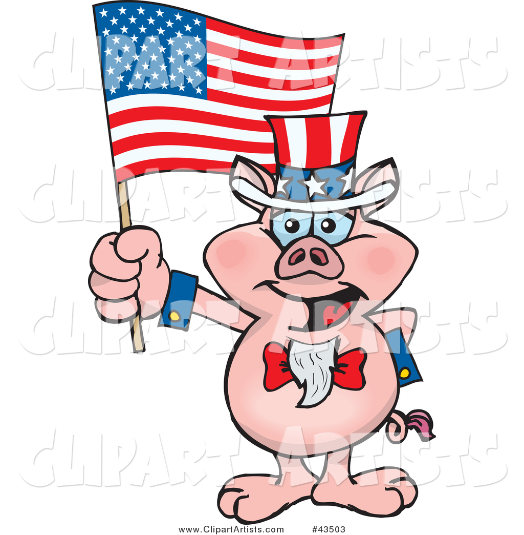 Patriotic Uncle Sam Pig Waving an American Flag on Independence Day