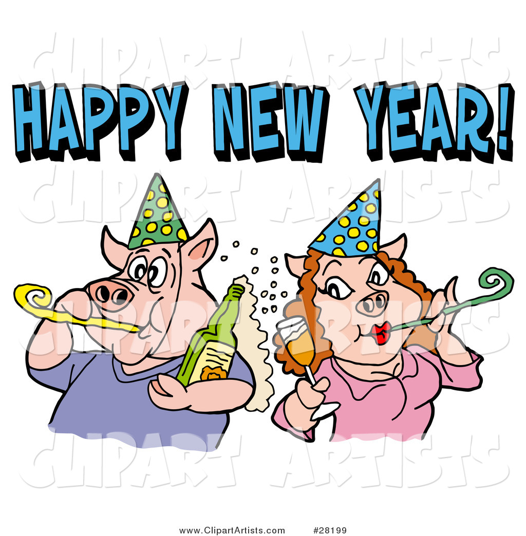 Pig Couple in Party Hats, Getting Drunk and Blowing Noise Makers Under a Happy New Year Greeting